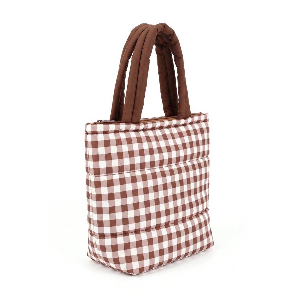 Gingham Check Mini Puffer Tote Bag - Brown