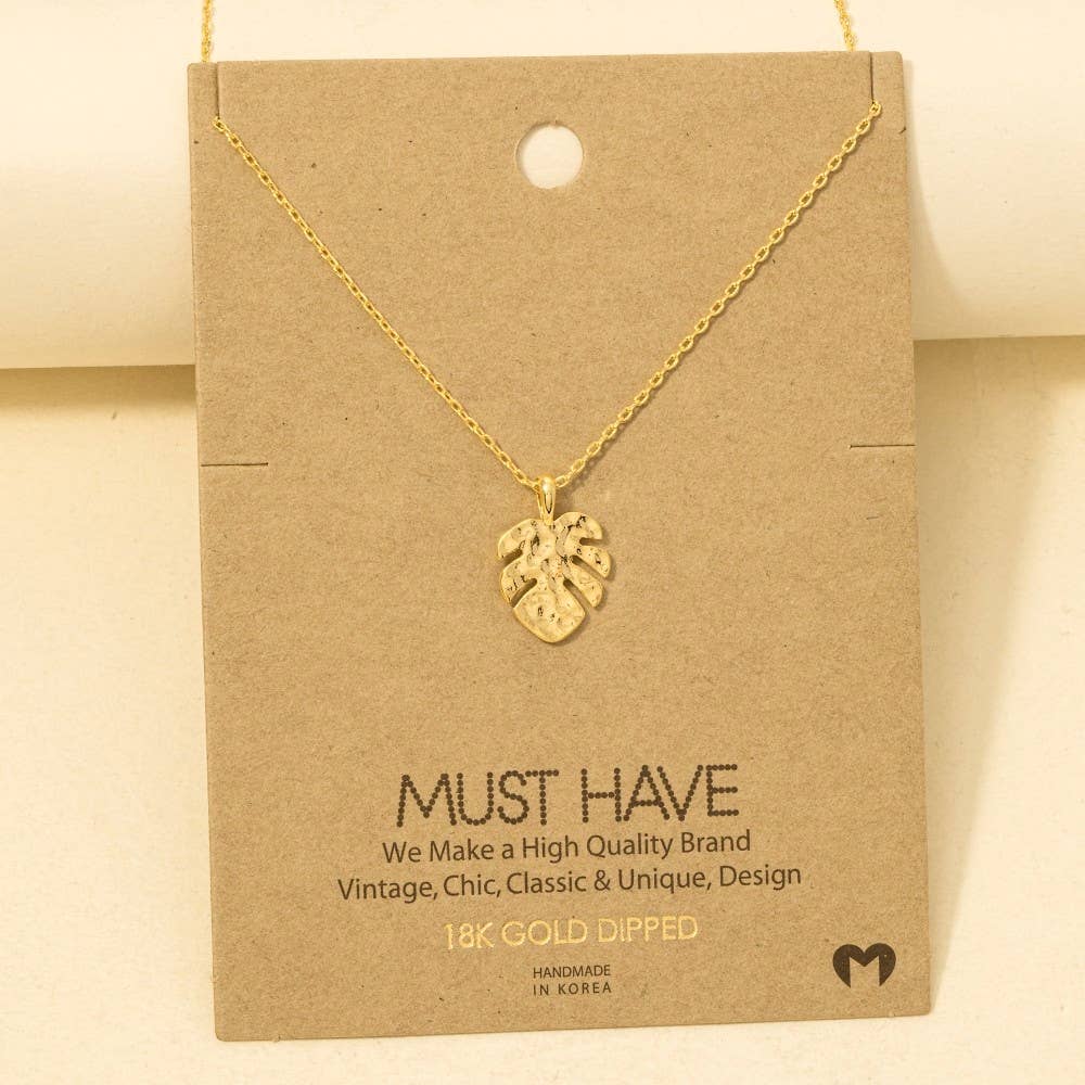 Gold Dipped Hammered Monstera Leaf Pendant Necklace