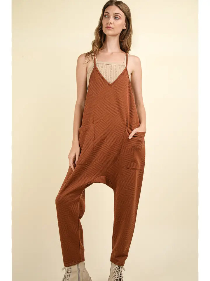 Quilted Loose Fit Casual Baggy Knit Jumpsuit - Cocoa