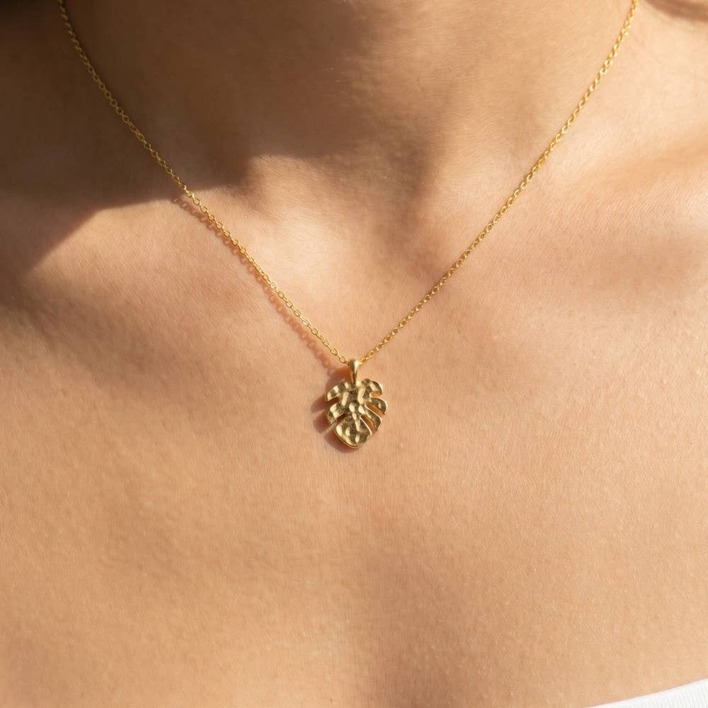 Gold Dipped Hammered Monstera Leaf Pendant Necklace