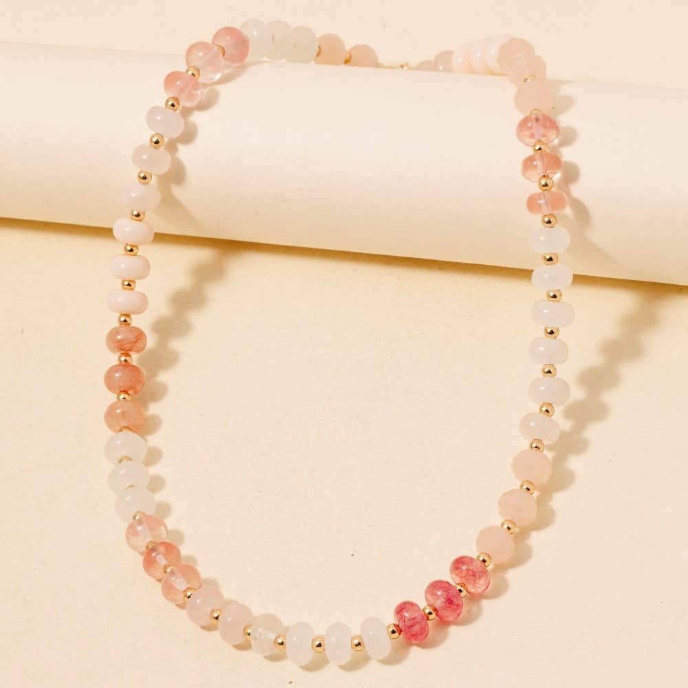Round Stone Beaded Necklace - Pink