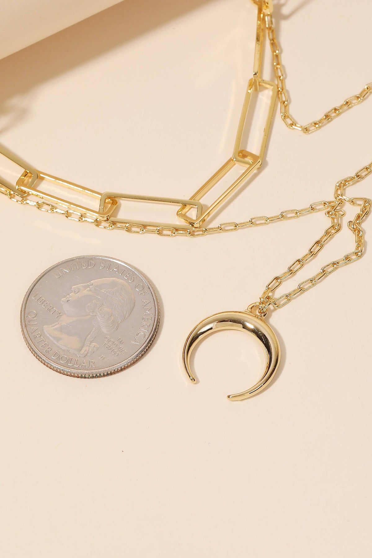 Layered Chain Link Crescent Moon Charm Necklace