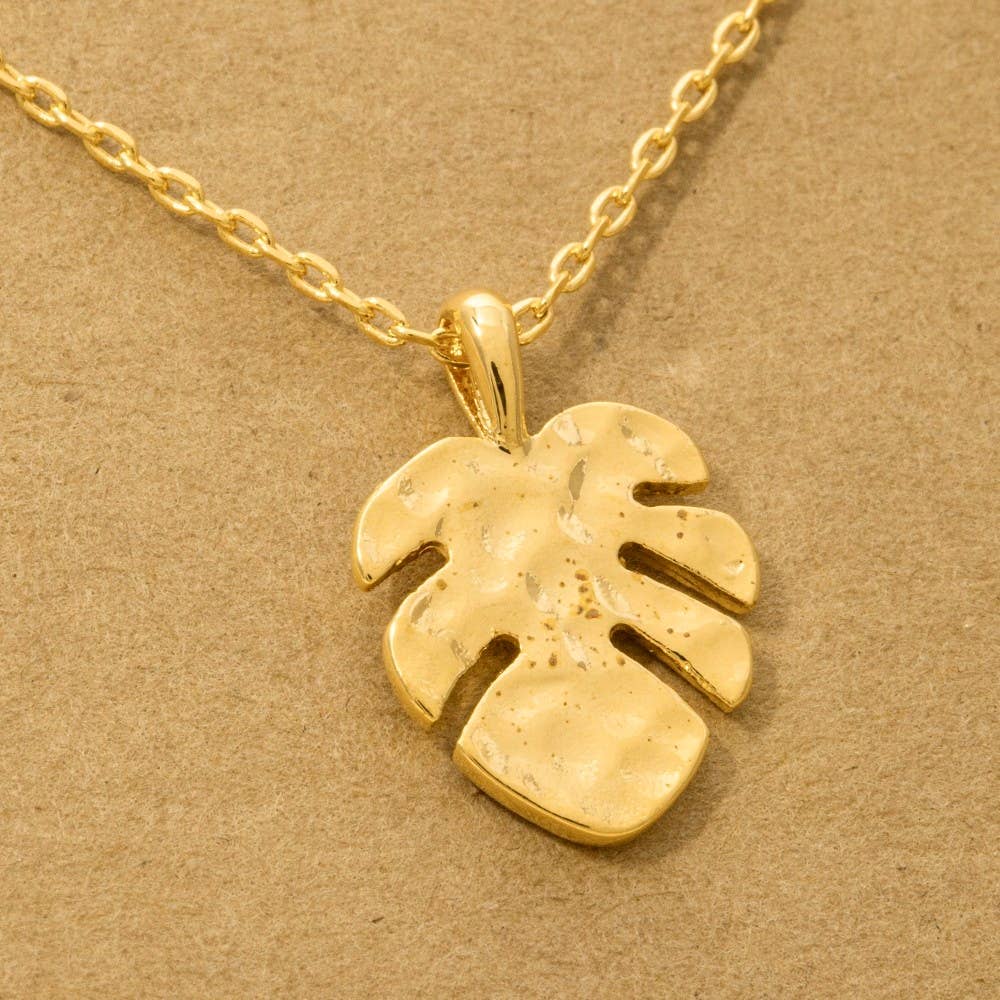 Gold Dipped Hammered Monstera Leaf Pendant Necklace