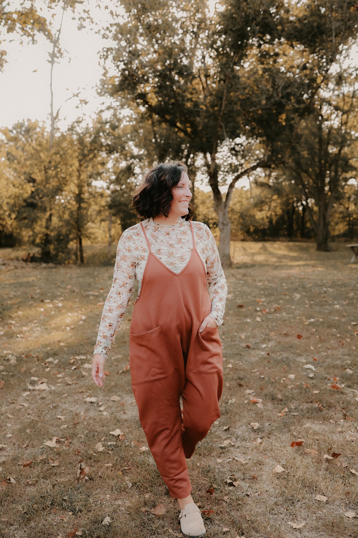 Quilted Loose Fit Casual Baggy Knit Jumpsuit - Cocoa