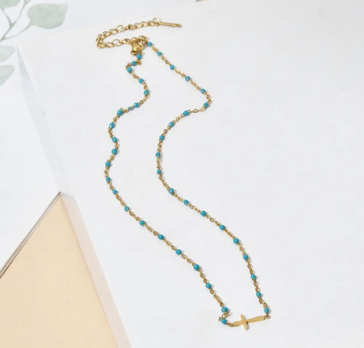 Stainless Steel Turquoise Beaded Cross Necklace