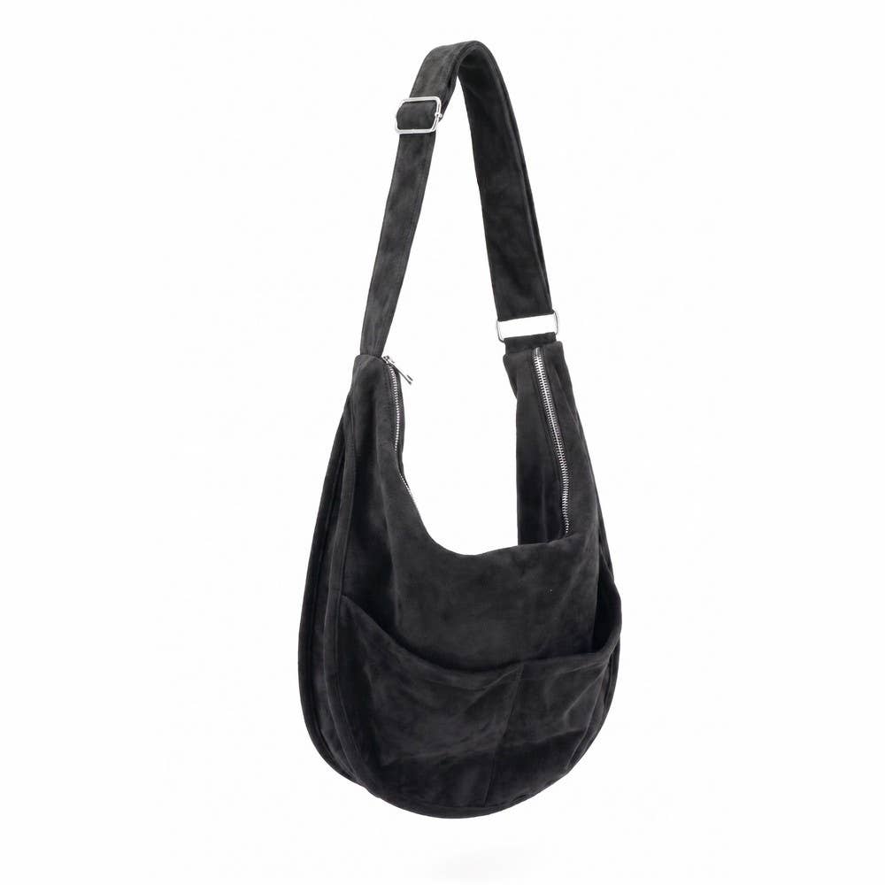 Vegan Suede Zip Sling Crossbody Hobo Bag - Black