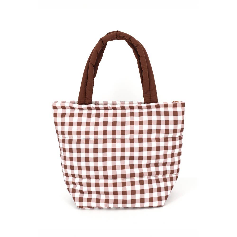 Gingham Check Mini Puffer Tote Bag - Brown