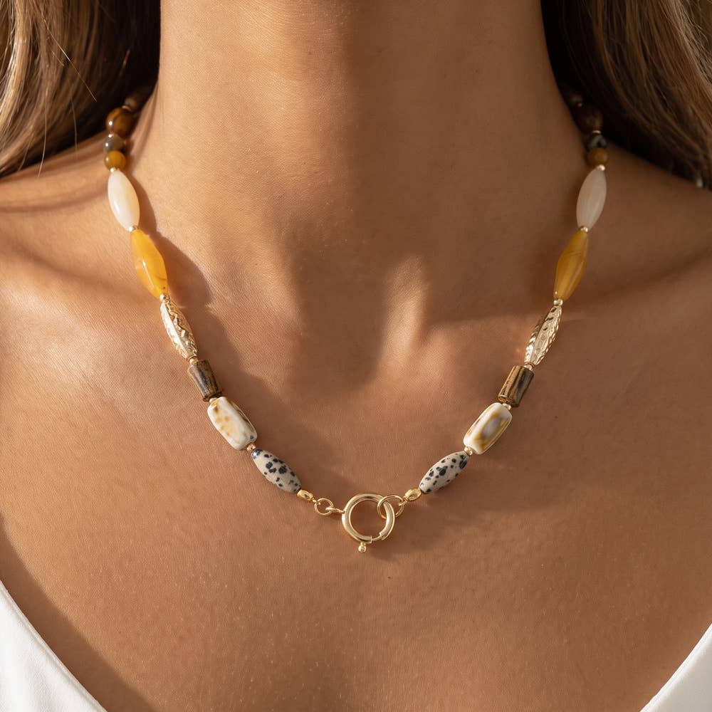 Wood Stone And Ceramic Beaded Necklace