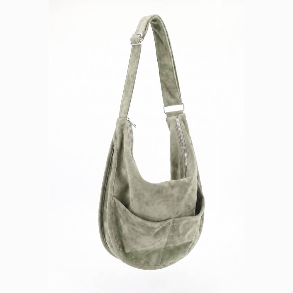 Vegan Suede Zip Sling Crossbody Hobo Bag - Sage