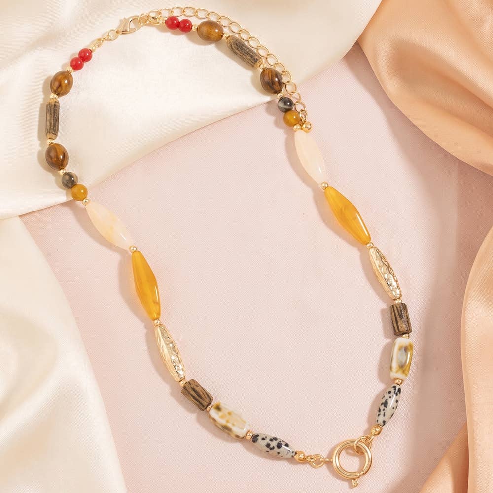 Wood Stone And Ceramic Beaded Necklace