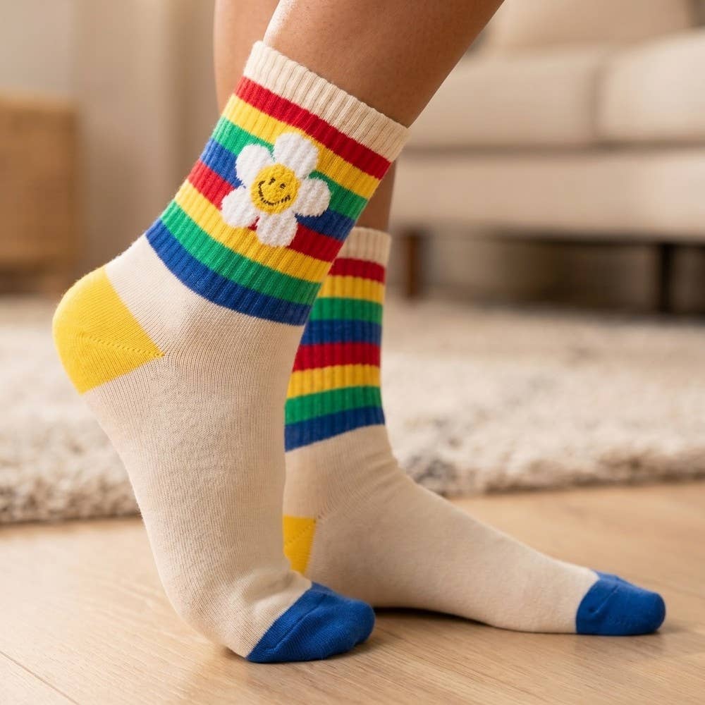 Rainbow Flower Striped Happy Face Socks