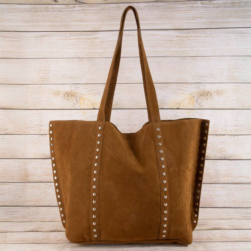 Large Studded Trim Tote Bag - Light Brown