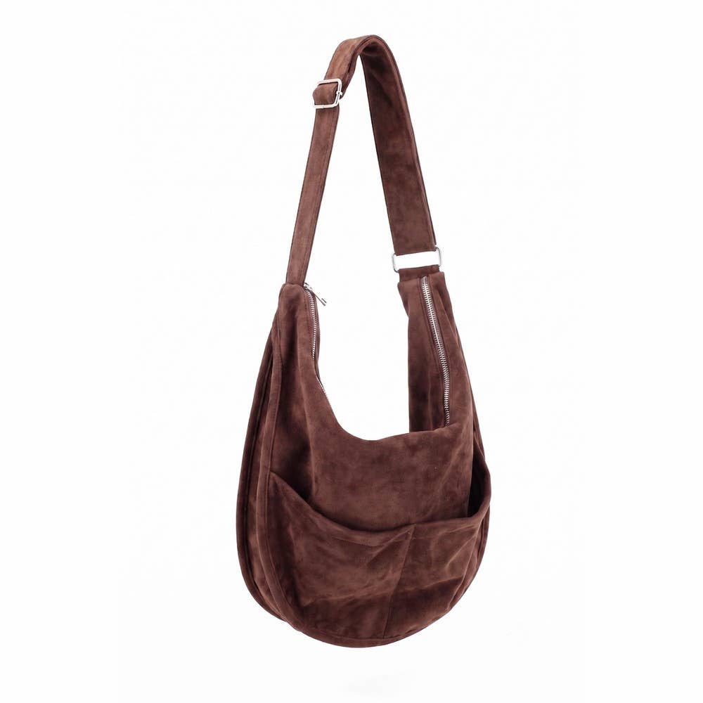 Vegan Suede Zip Sling Crossbody Hobo Bag - Brown