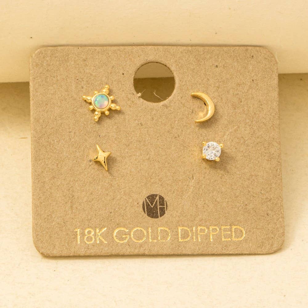 Gold Dipped 4Pc Star Moon Stud Earrings Set