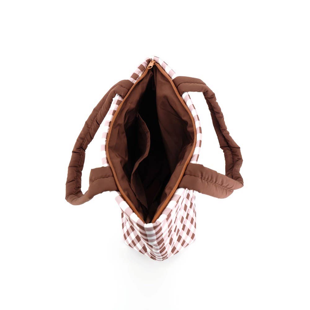 Gingham Check Mini Puffer Tote Bag - Brown