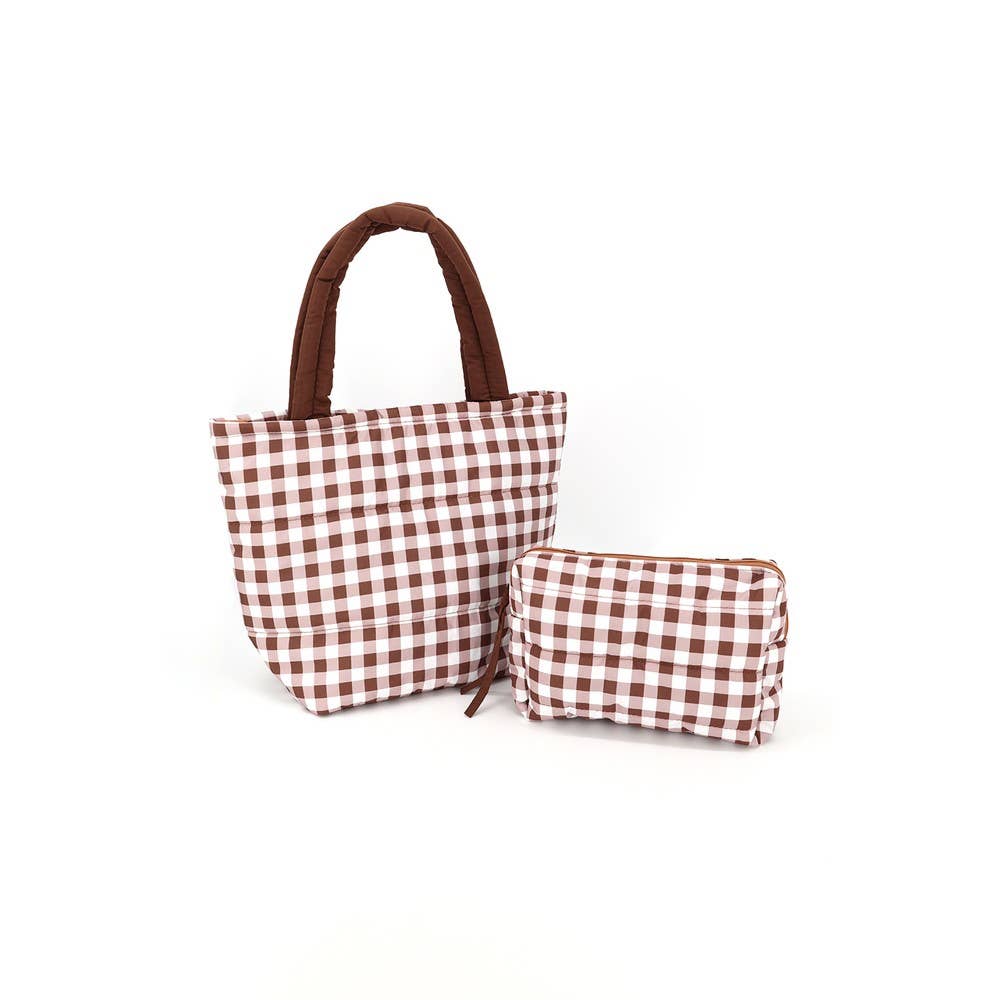 Gingham Check Mini Puffer Tote Bag - Brown