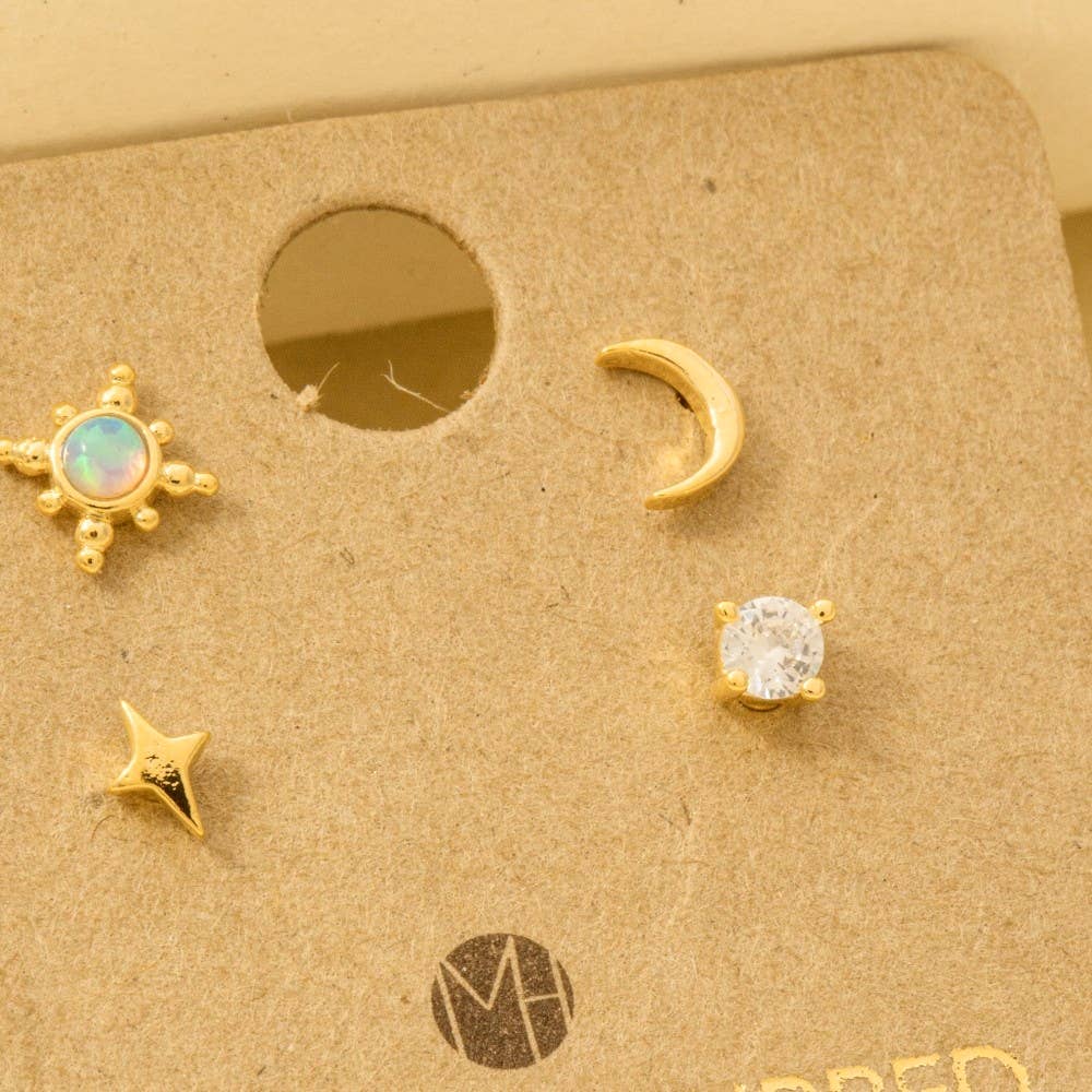 Gold Dipped 4Pc Star Moon Stud Earrings Set