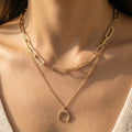 Layered Chain Link Crescent Moon Charm Necklace