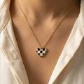 Gold Dipped Epoxy Checkered Heart Pendant Necklace