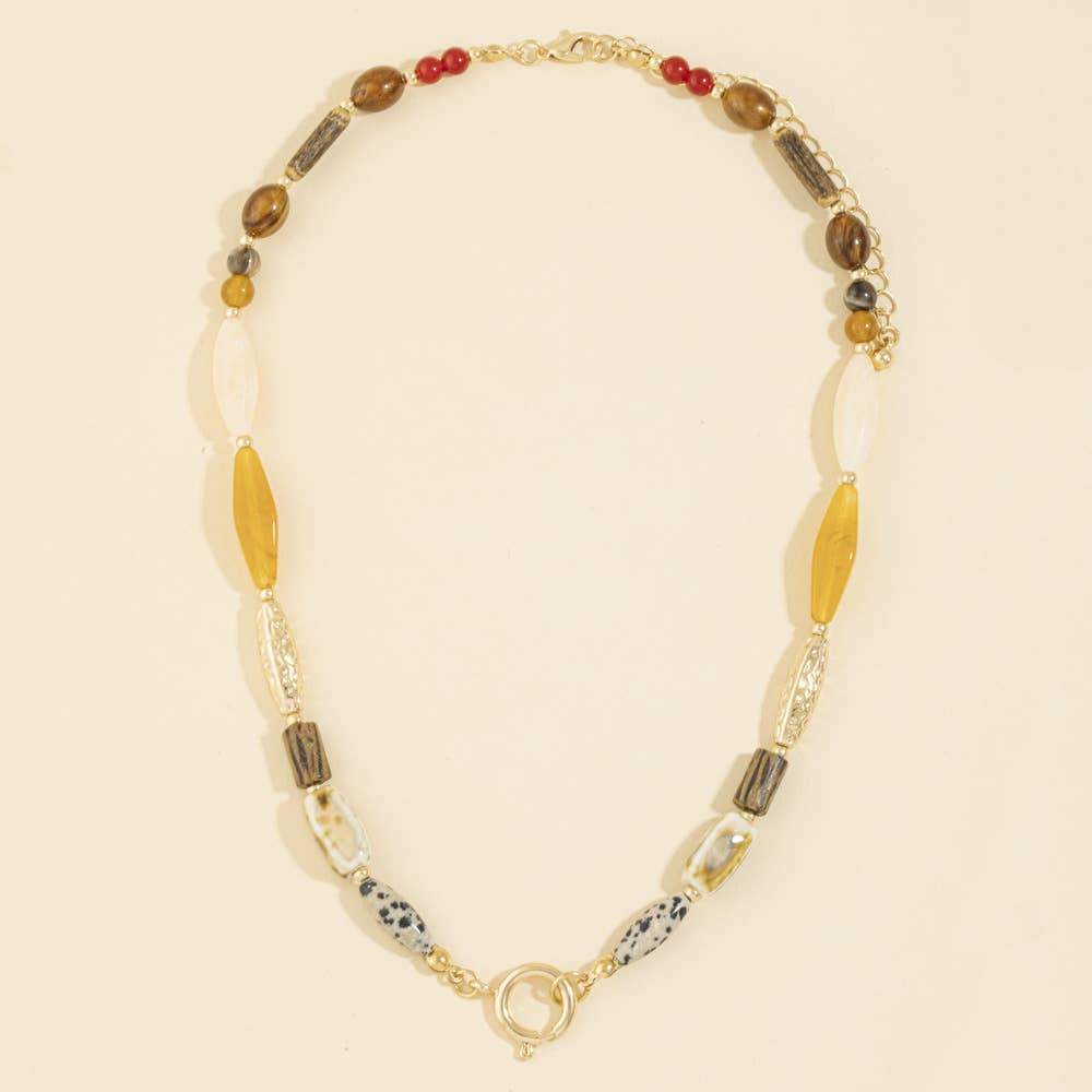 Wood Stone And Ceramic Beaded Necklace