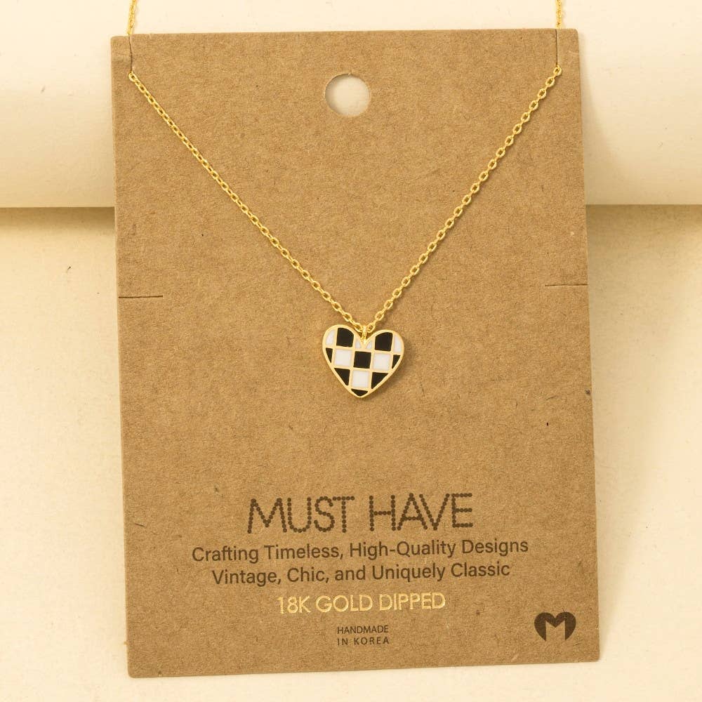 Gold Dipped Epoxy Checkered Heart Pendant Necklace