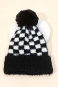 Fuzzy Pom Checkered Print Beanie - Black