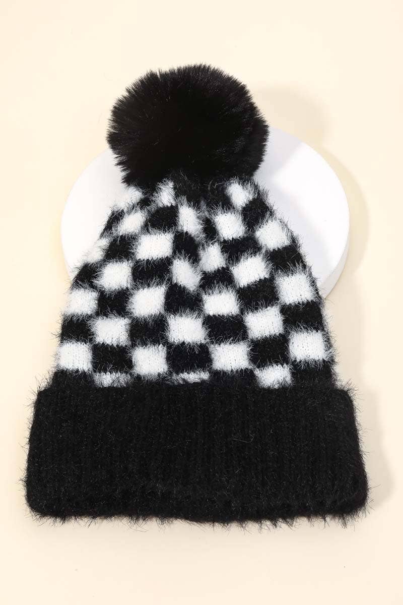 Fuzzy Pom Checkered Print Beanie - Black